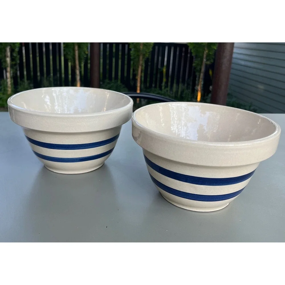 Robinson Ransbottom Blue Stripe Stoneware Mixing Bowls Set 2 Roseville OH 1.5qt